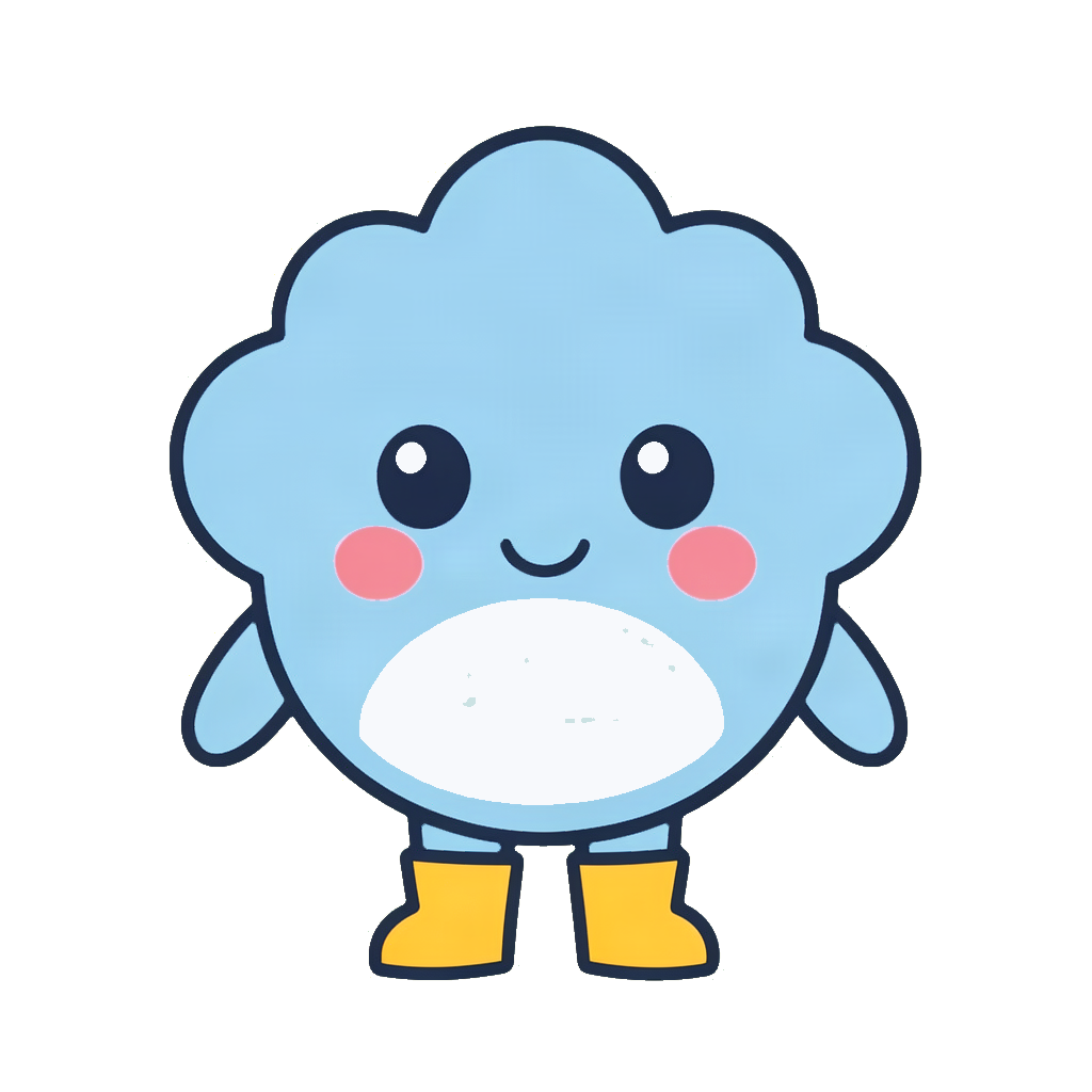 Dottie Drizzle, a smiling sky-blue rain cloud with rosy cheeks and yellow wellies