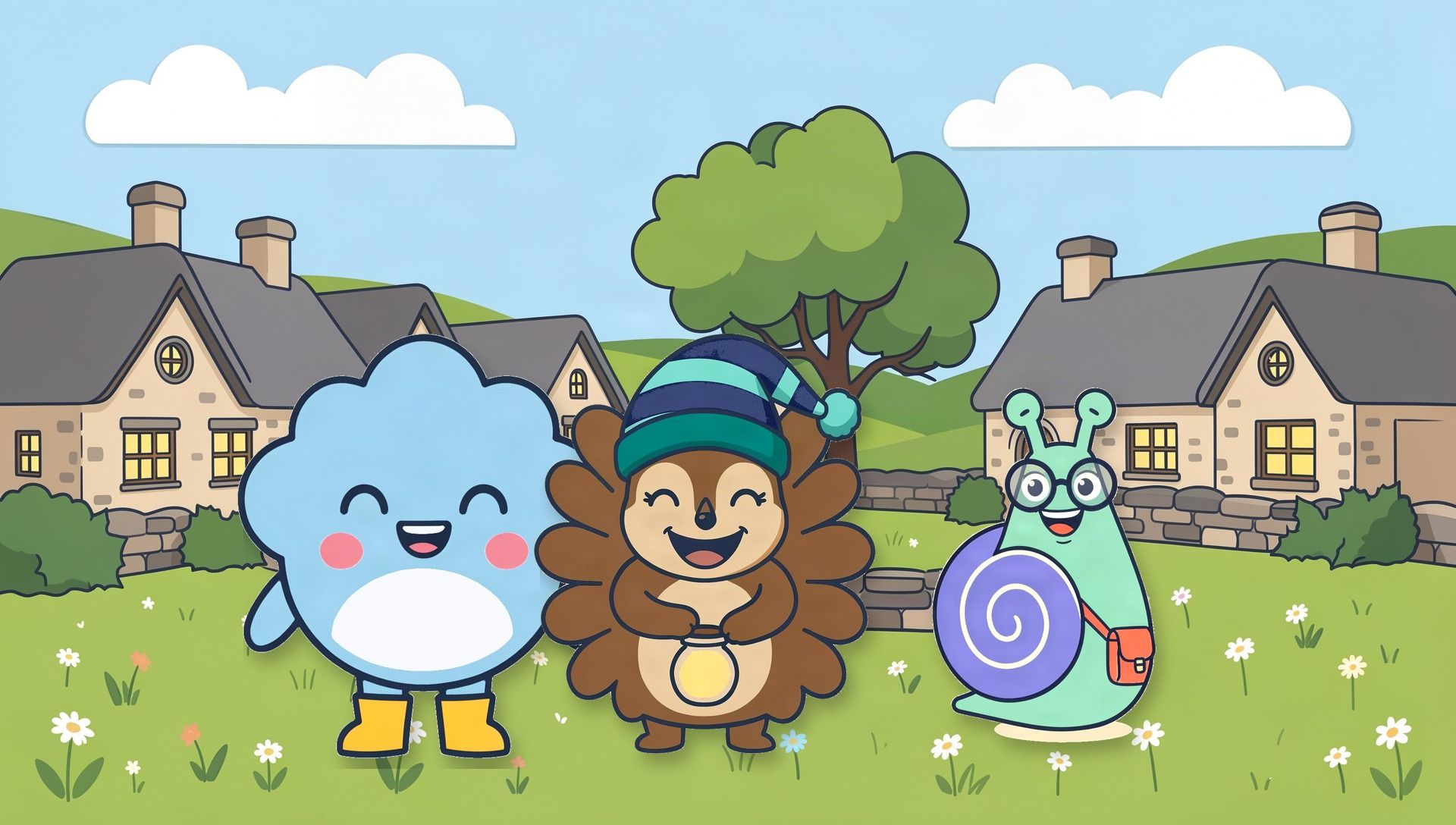 Dottie Drizzle, Hob the Night-time Hedgehog and Penny Periwinkle smiling on the village green in Puddleby Green